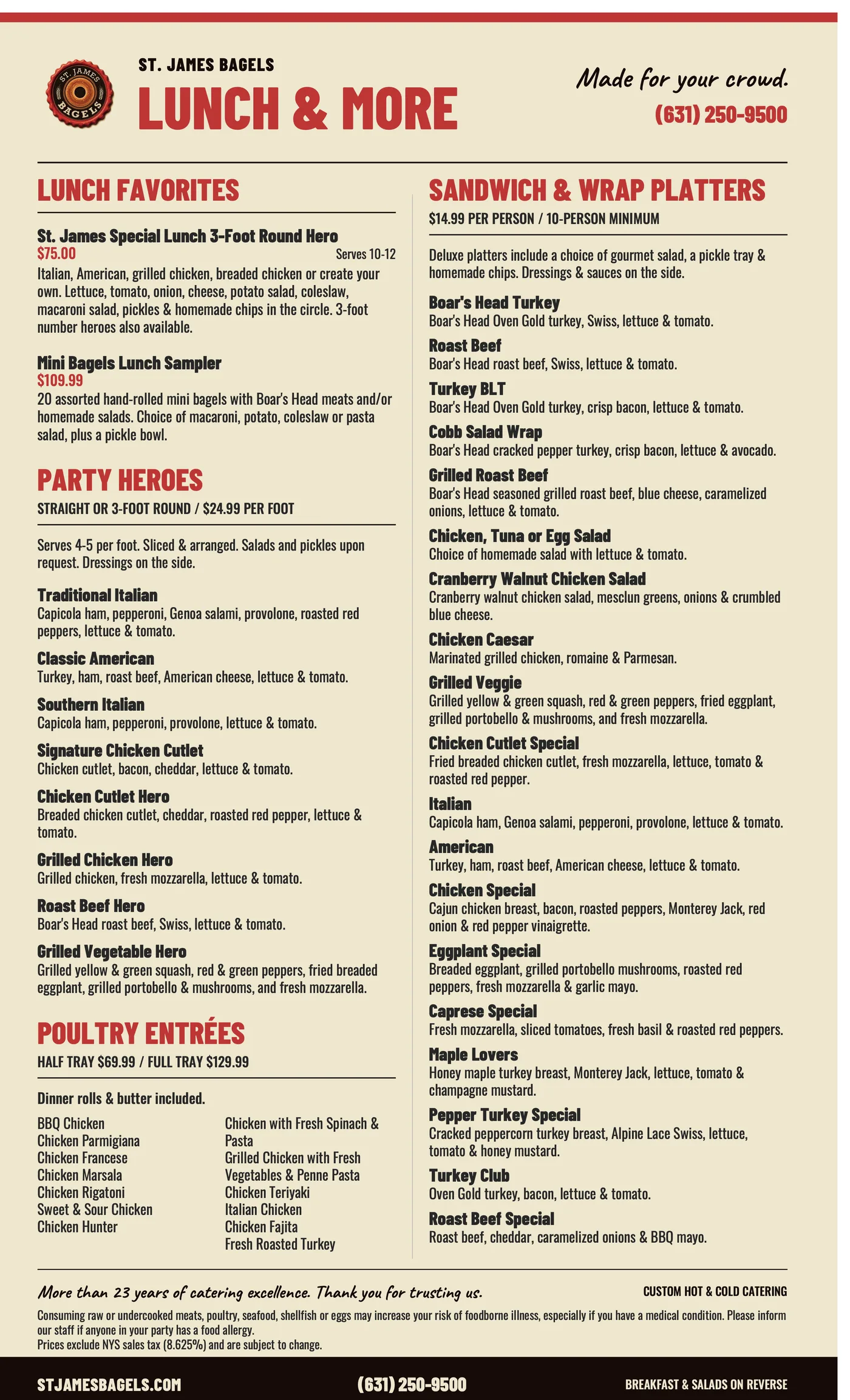 St. James Bagels catering menu, page 2: lunch favorites, party heroes, poultry entrées, sandwich and wrap platters