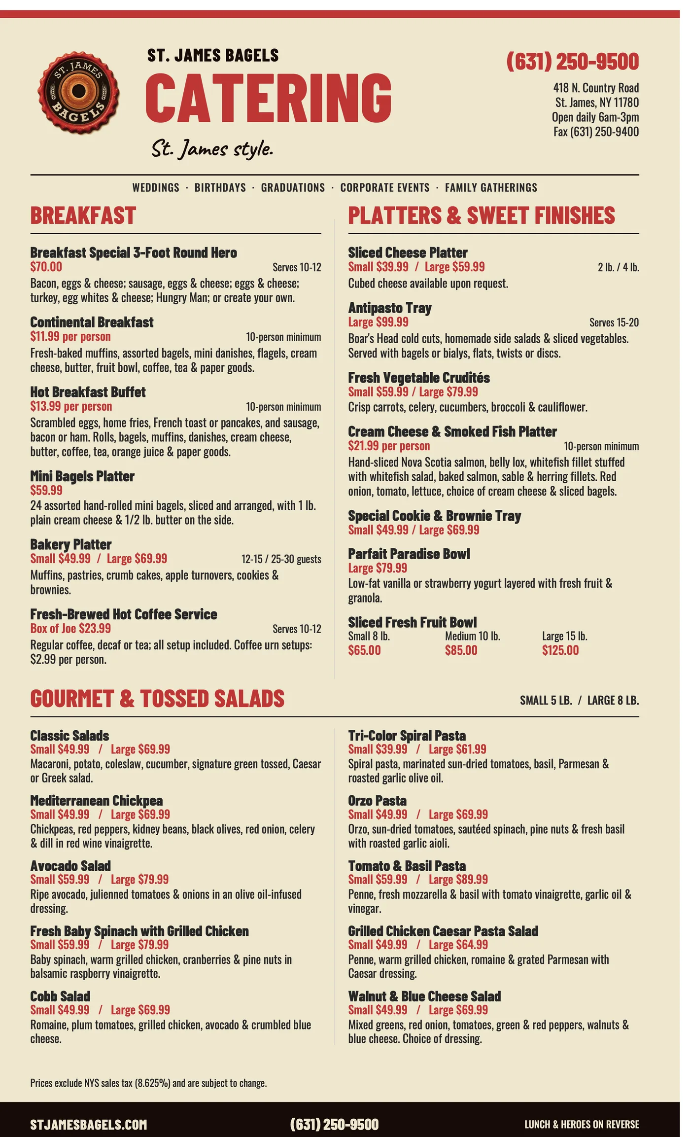 St. James Bagels catering menu, page 1: breakfast, platters and sweet finishes, gourmet and tossed salads
