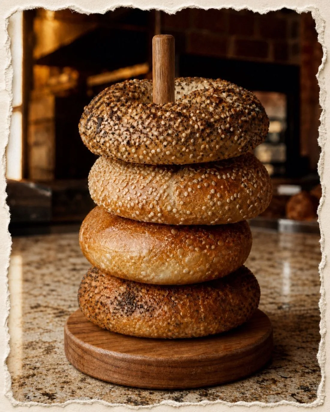 Freshly baked kettle bagels stacked on a wooden dowel stand over a granite counter