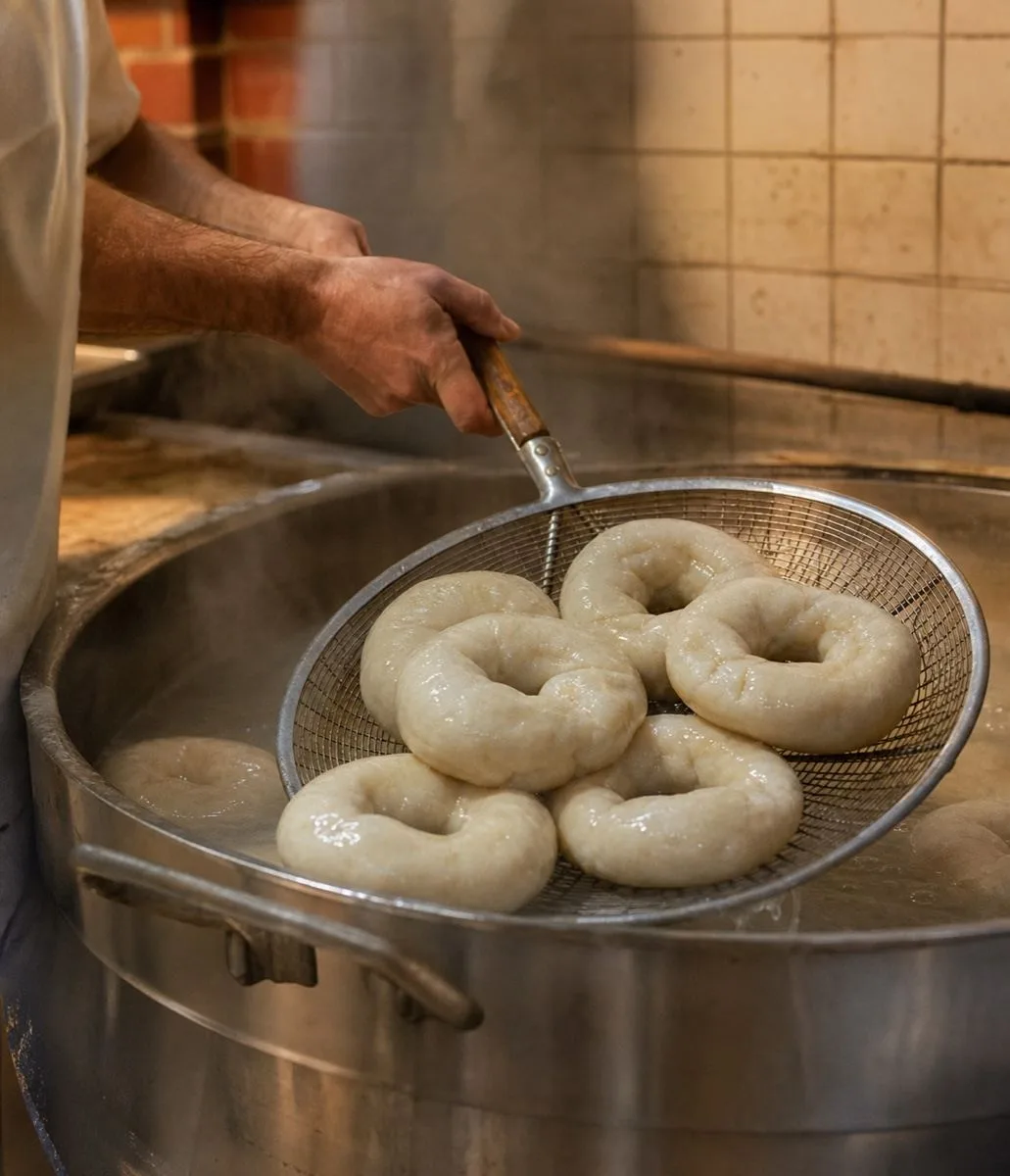 Fresh bagels being lifted from the boiling kettle